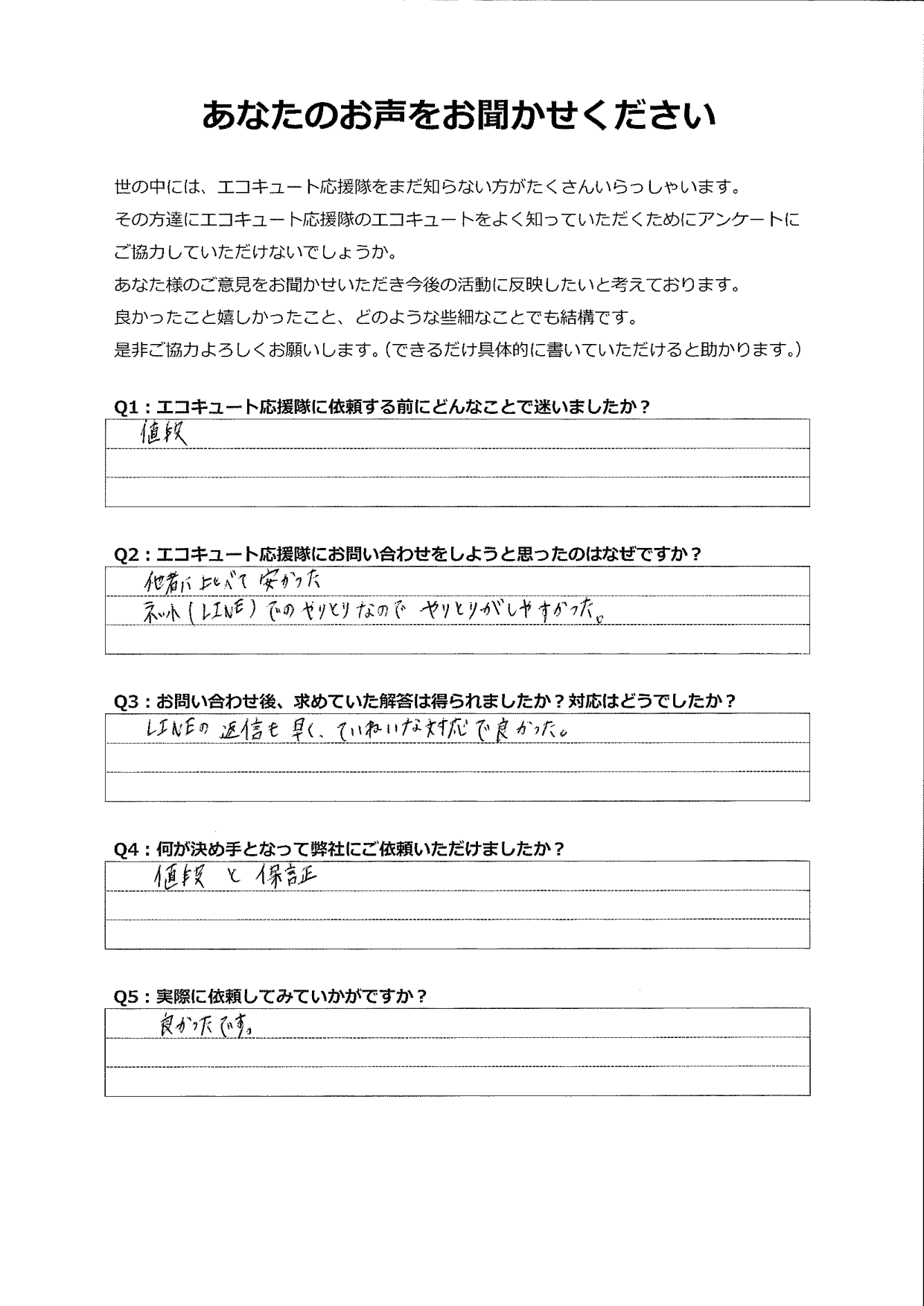 LINEの返信が早く、丁寧な対応が決め手でした